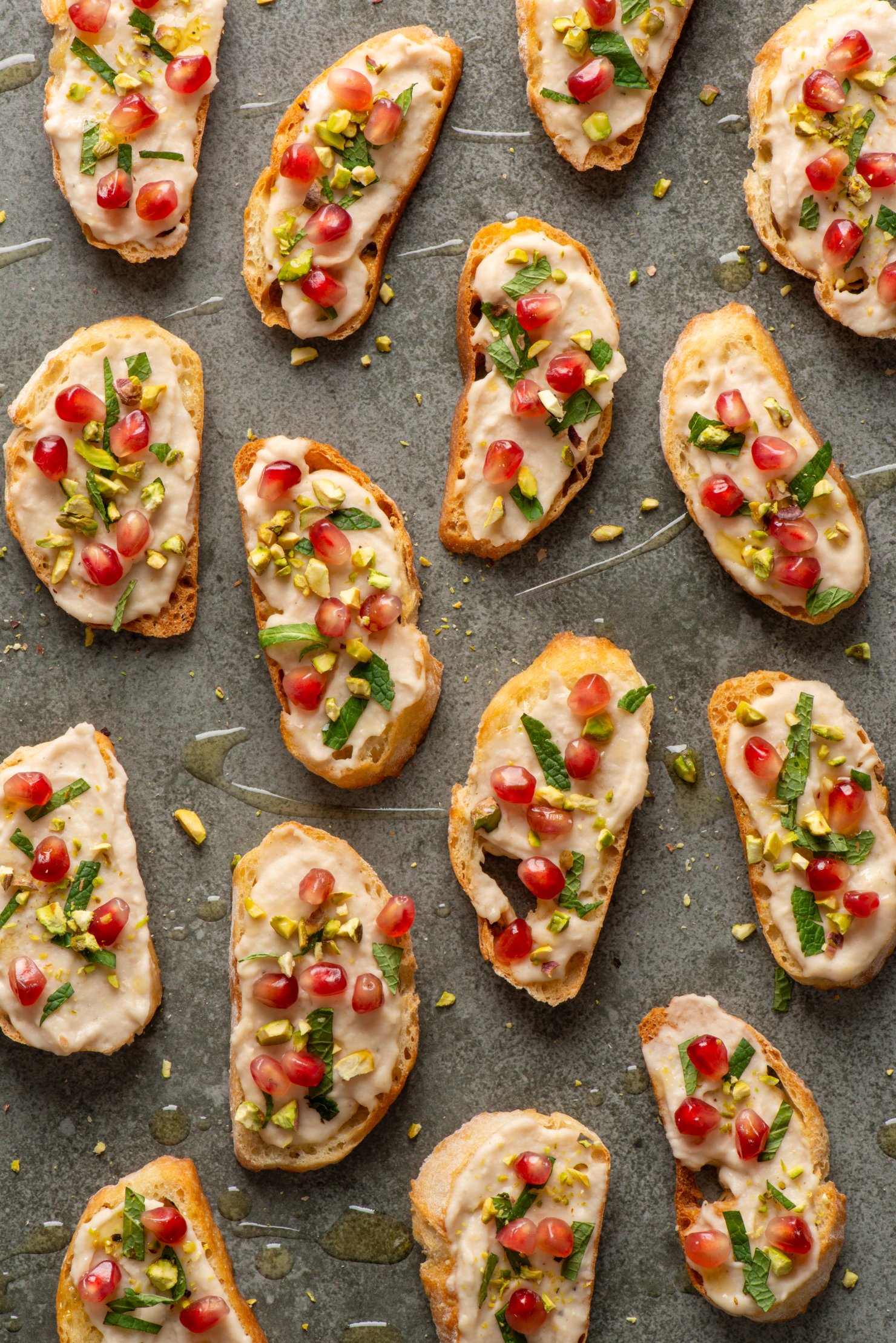Pattern of crostinis presented in elegant food photography
