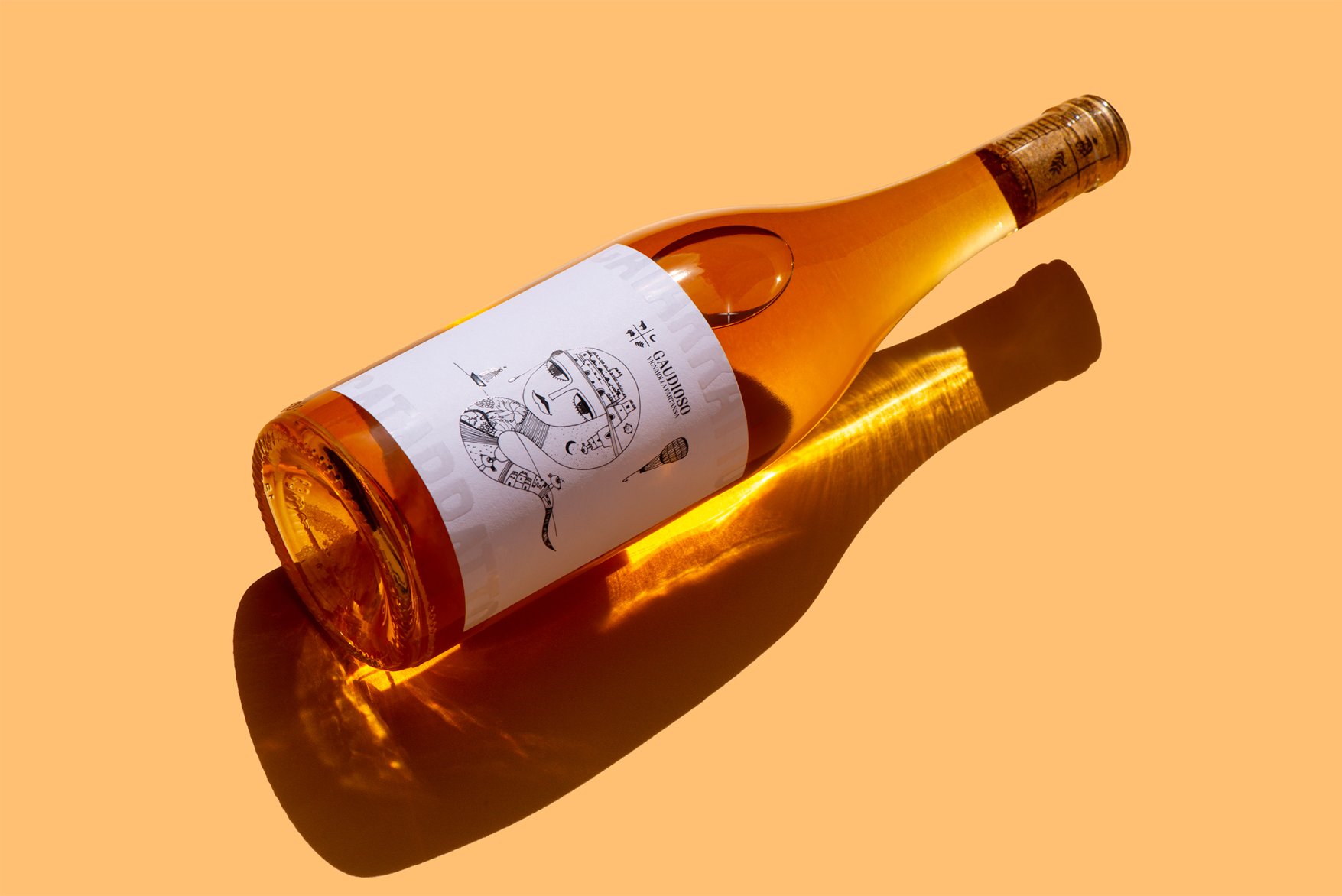 Bottle of Gaudioso Wine with dramatic orange shadow