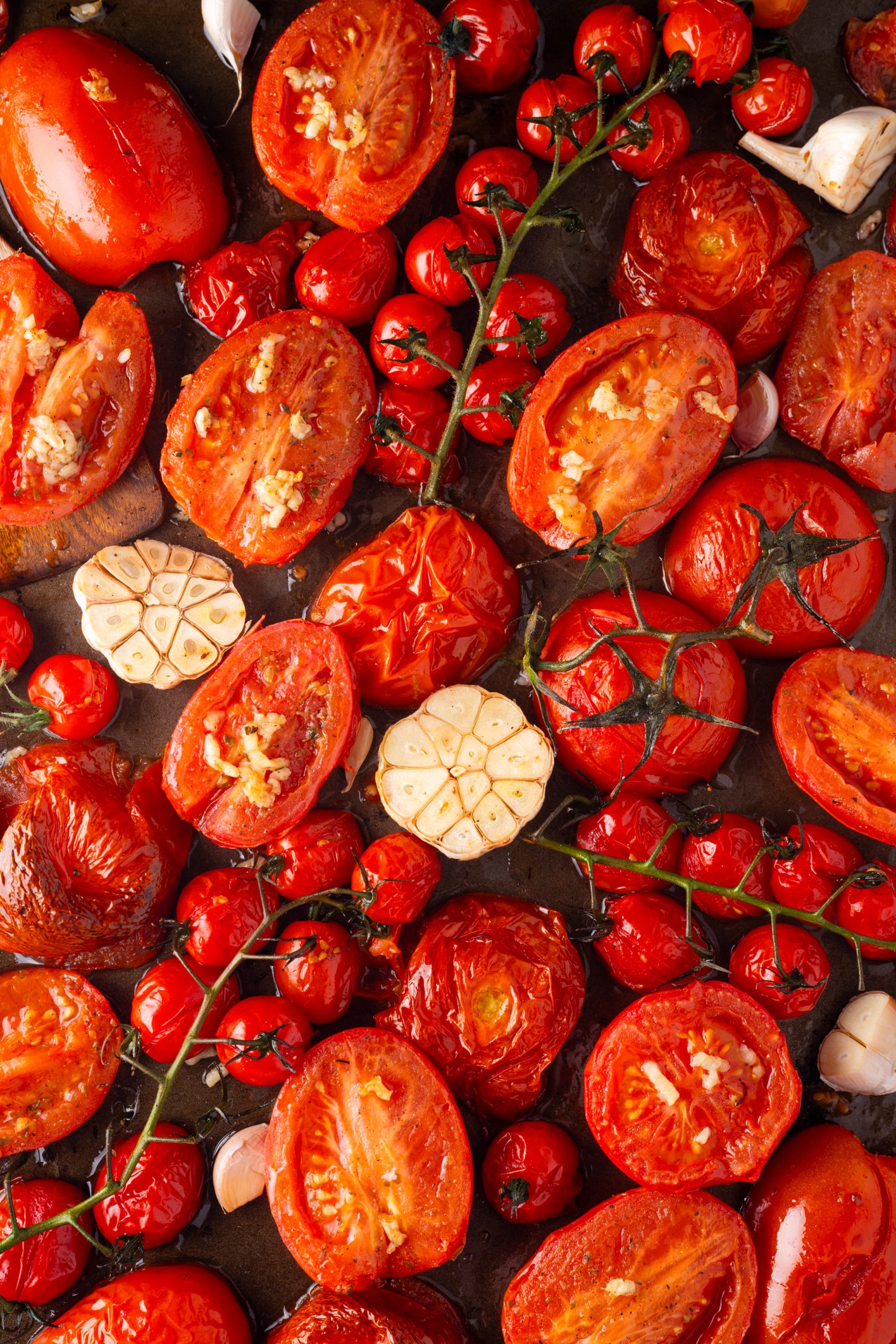 Fire roasted tomatoes and garlic on platter