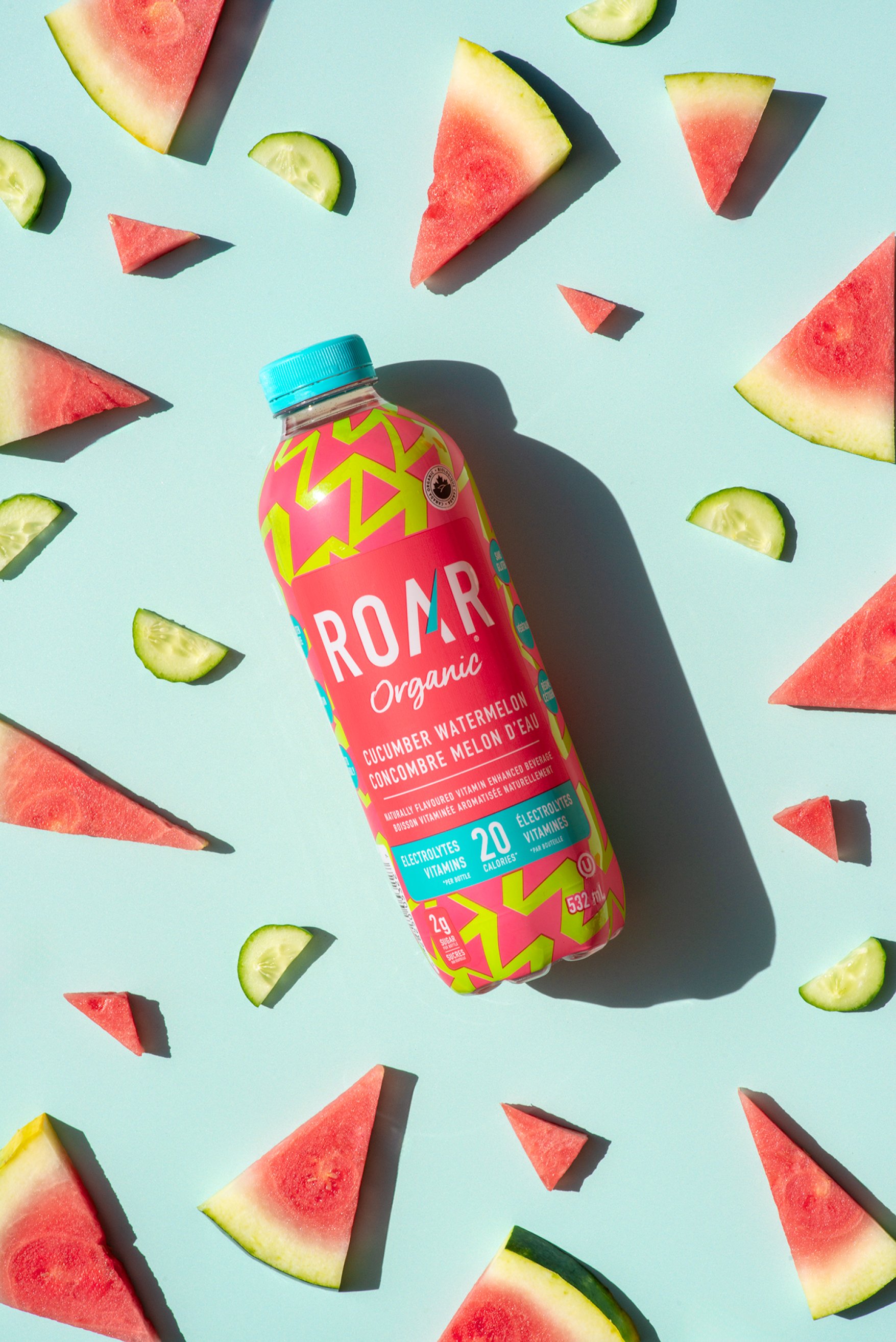 Bottle of Roar organic cucumber watermelon drink surrounded by pieces of cucumber and watermelon in a fun pattern
